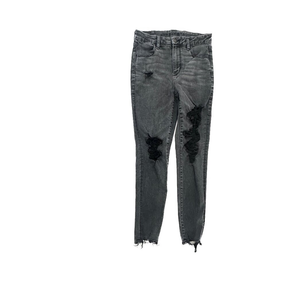 American Eagle Super High Rise Jegging Distressed Raw Hem Women size 8 Black Jea